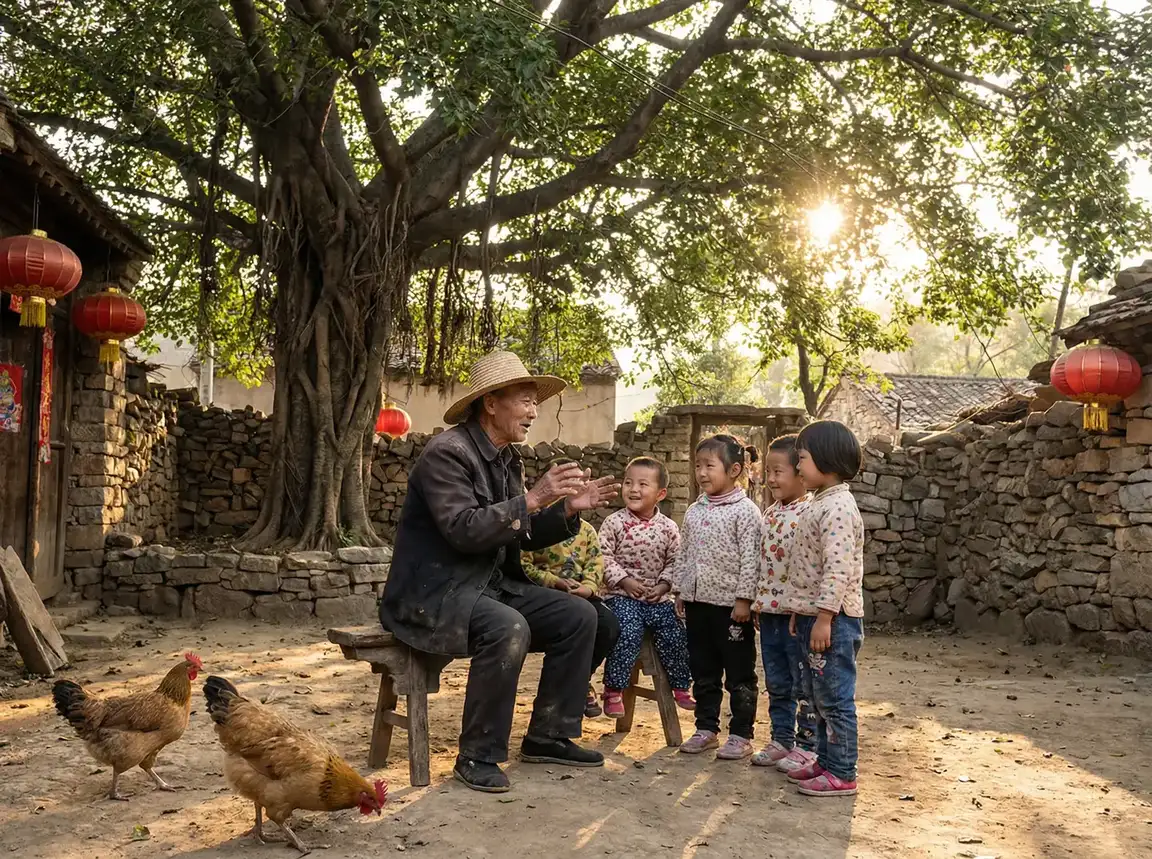 老人在大榕树下给孩子们讲故事 - 性情中人地址 乡村记忆